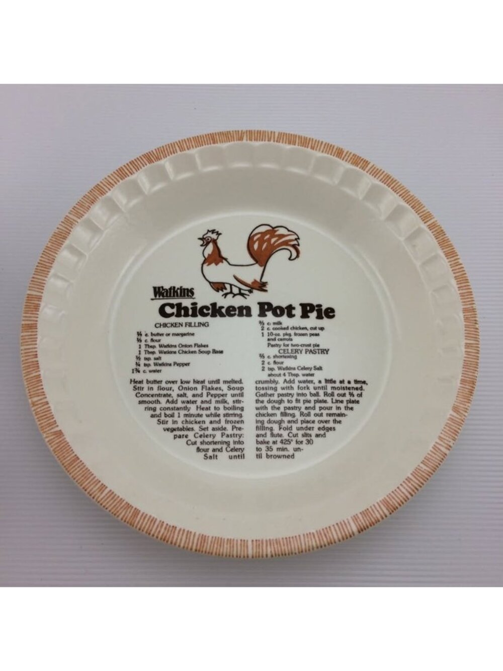 Vintage 80s Watkins Chicken Pot Pie Ceramic Dish Includes Recipe Rooster